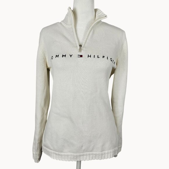 Women Knit Winter Fall Harvest Casual 3/4 Zip TurtleNeck Sweater TommyHilfiger L - Picture 1 of 15